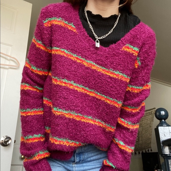 Free People Fuzzy Striped Magenta Sweater - Picture 2 of 3